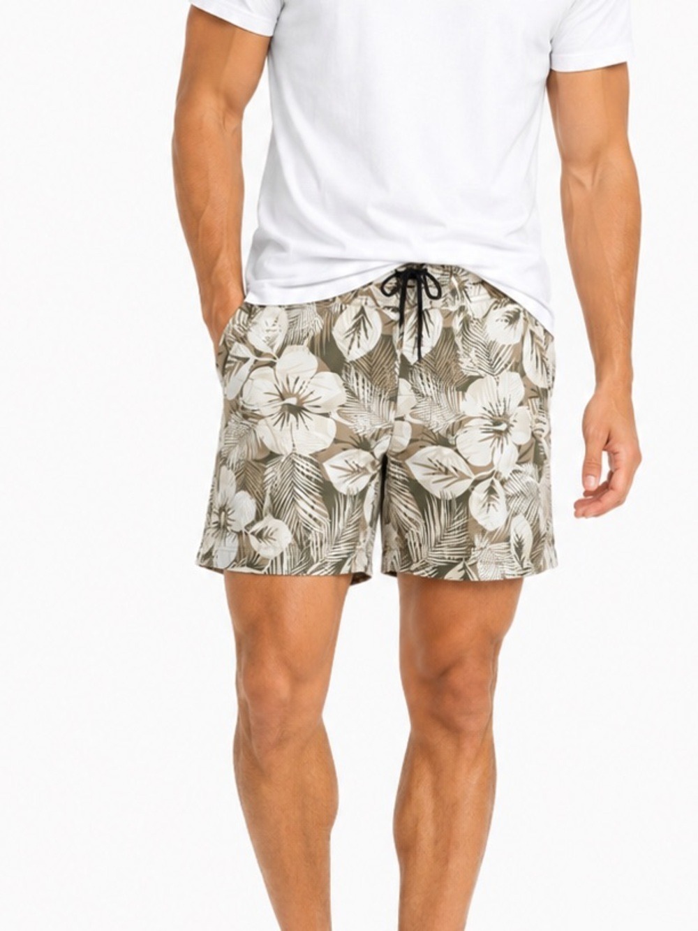 L.L. Bean Beige Floral Slant Pocket Casual Beach Vacation Swim Trunks Si…